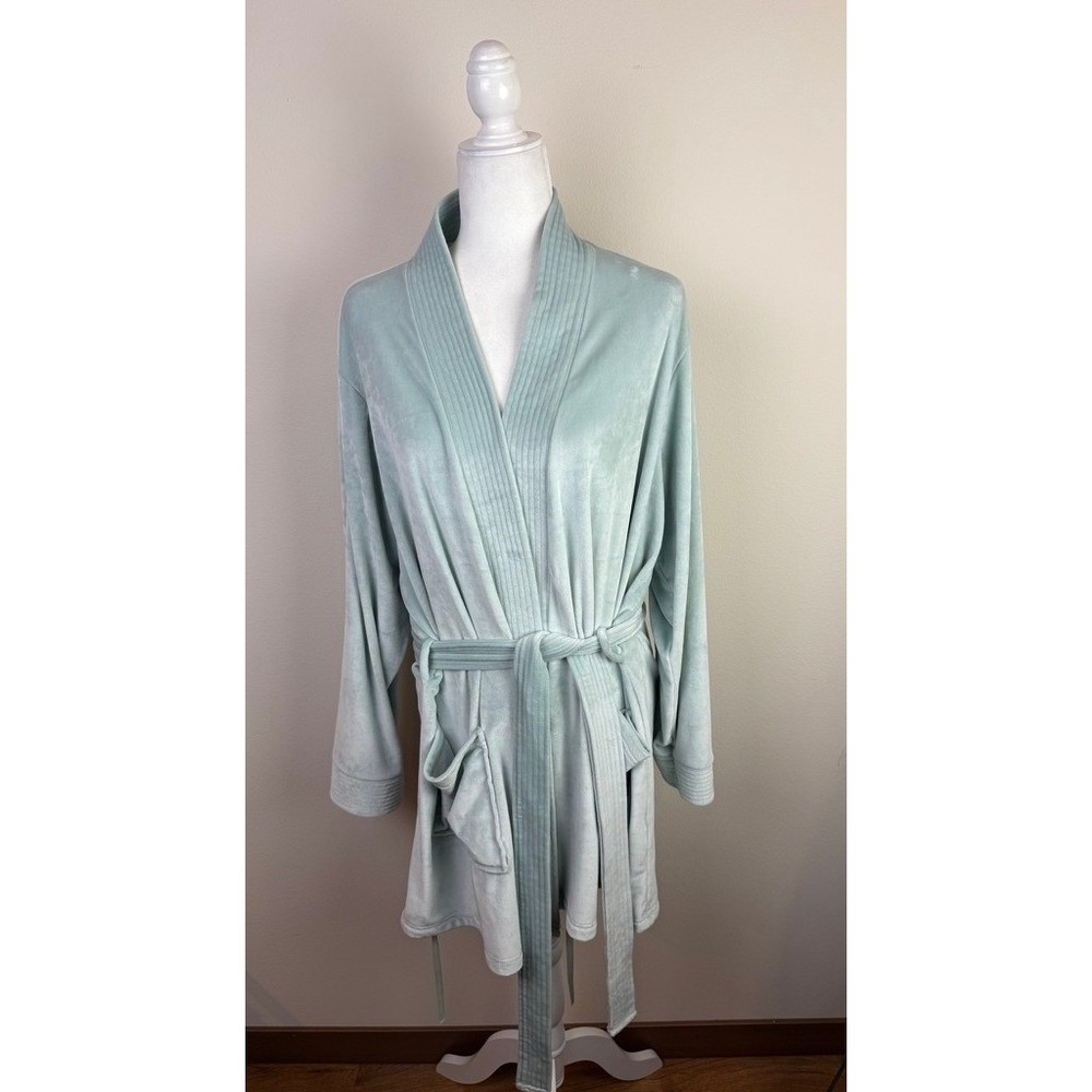 Cozy All Day Sage Velour Short Robe Shawl Collar Belted Robe Pockets Women XL